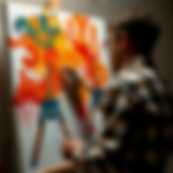 Artist applying water-based acrylic paint on canvas