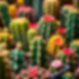 A variety of spiky cacti in vibrant colors