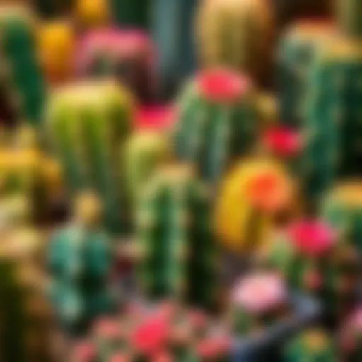 A variety of spiky cacti in vibrant colors