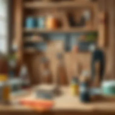 Organized Workspace for Wood Painting A well-organized workspace showcasing wood painting accessories